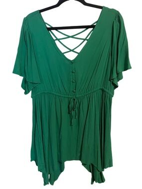 torrid Emerald Green V-Neck Crisscross Back Flutter Sleeve Tunic